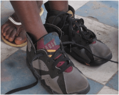 Grandpa wearing his new shoes